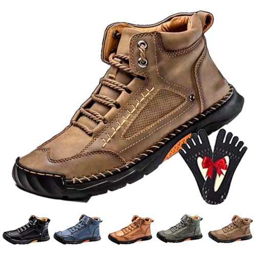 Hillde Mens Shoes, Men's Casual Leather Handmade Non-Slip Arch Support Loafers (Khaki,9)