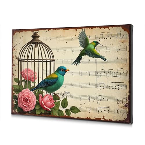 Toile decorative rustique oiseaux de poeme et roses de jardin