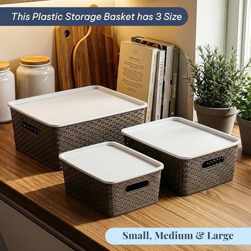 Image of Kuber Industries 3 Pcs Plastic Large Solitaire Storage Basket with Lid & Handle | Multipurpose Storage Rectangular Box for Cloths Toys & Books | H5 - Brown & White