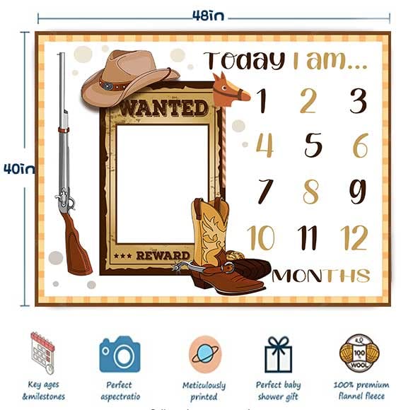Image of Western Cowboy Monthly Milestone Blanket Hat Boots Gun Wanted Poster Theme Photography Backdrop 48x40in