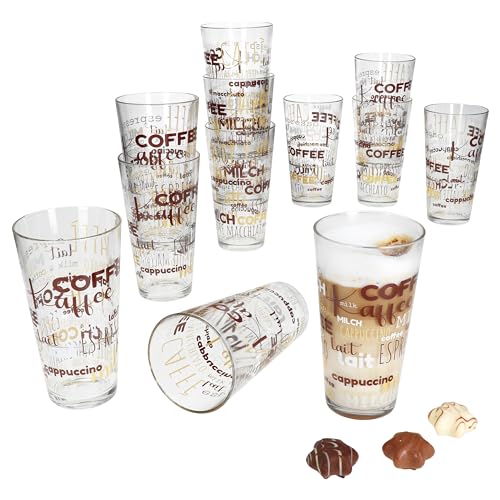 MamboCat 12er Set Candy Latte Macchiato Gläser mit Schrift-Dekor I 380 ml I stapelbare Kaffee-Gläser für EIS-Kaffee, Cafe au Lait, Frappé & Co.