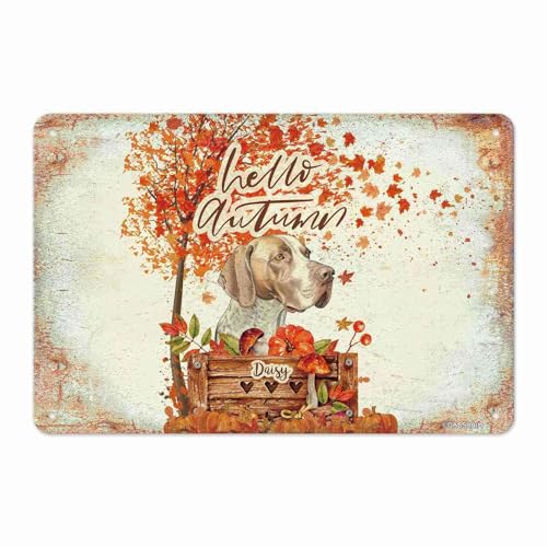 GABSHAIM Custom Metal Sign Hello Autumn Tin Sign Pointer Dog Fall Pumpkin Maple Leaves Wall Art Thanksgiving Decor for Garden Farmhouse Home 8 x 12 Inch