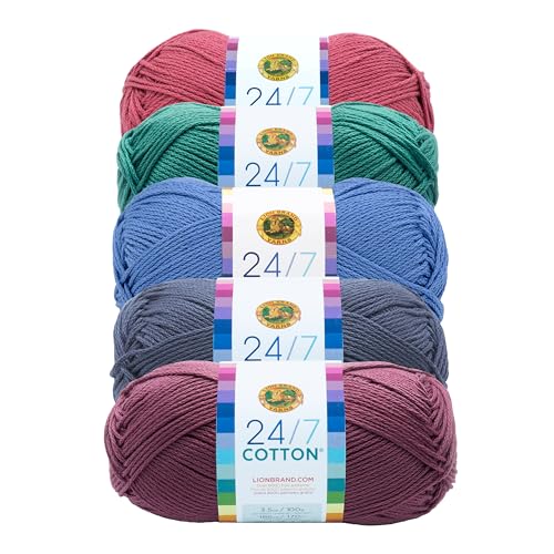 Image of Lion Brand Yarn, 24 /7 Cotton Mercerized Lightweight Yarn for Knitting, Crochet, and Crafts, Beachcomber, 5 Pack, Multicolor Pack of Natural Fiber for Breathable Tops, Durable Bags, and Dish Cloths