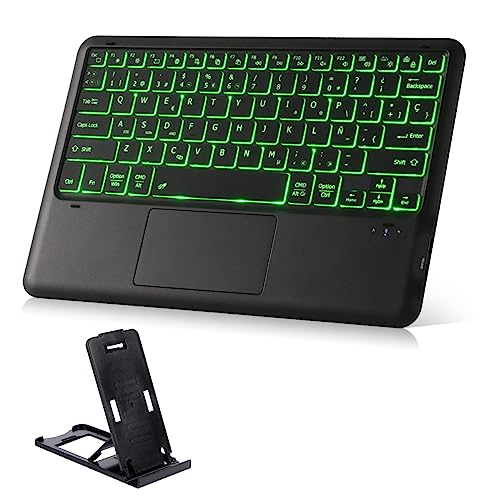 Teclado Bluetooth con Ratón Touchpad y Retroiluminación LED 11 Colores, QWERTY Español Inalámbrico Teclado para Tableta Compatible con Smart Fire TV Box iPad Smartphone Mac PC Portátil (con soporte)