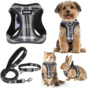 Small Pet Harness Collar and Leash Set, Step in No Chock No Pull Soft Mesh Adjustable Dog Vest Harnesses Plaid Reflective for Dogs Puppy and Cats Outdoor Training (Black, XS)