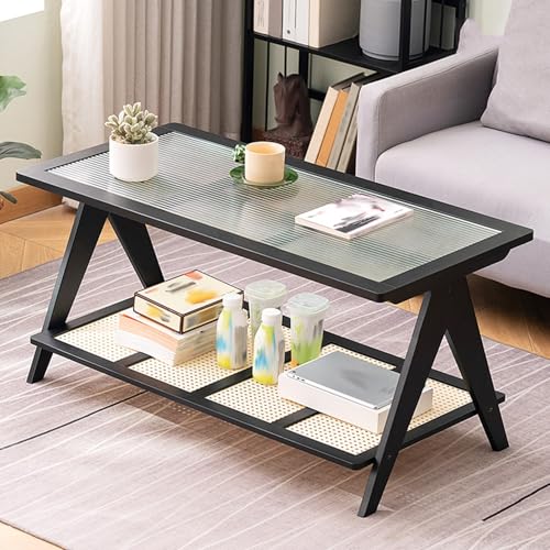 Mesa de Bambú, con Tapa de Vidrio Y Estante de Imitación de Ratán, Mesa Centro Moderna de Mediados de Siglo, Fuerte Y Duradero, No se Raya Fácilmente, Diseño de Gran Capacidad de Doble Capa(Natural)