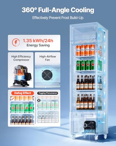 Image of VEVOR Commercial Merchandiser Refrigerator, 6.1 Cu.Ft / 173 L Glass Door Display Refrigerator, Upright Beverage Cooler with Customizable Lightbox, 3 Adjustable Shelves & Soft LED Light for Homes Shops