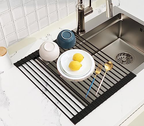 Okaytec Scolapiatti da Appoggio per Lavello - Scolapiatti pieghevole per Lavandino - Gocciolatoio scolapiatti Accessori Lavello Cucina per Scola Piatti Verdure Frutte (Silicone & 43 * 33cm)- Nero