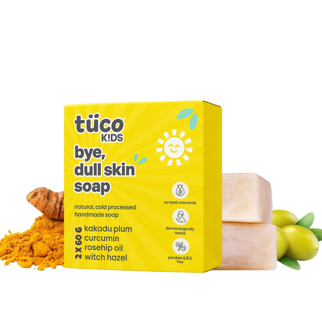 Tuco® Kids Bye, Dull Skin Soap Pack of 2X60gm with Turmeric | Perfect for Dull & Sensitive Skin | Paraben & Sulphate Free | Ages 2-5, 5-10, 10-15 | 2x 60gm