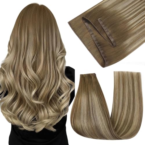 Image of Easyouth 100g 24 Inch Human Hair Butterfly Weft Extensions Balayage, Butterfly Weft Remy Hair Extensions Ombre, Medium Brown Balayage Blonde, Long Straight Hair, OVO Wefts Extension, Seamless Blend