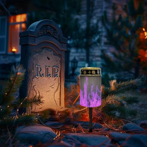 Image of Halloween Solar Flame Lights, Waterproof Flameless Candles | Purple Flame Solar Lights for Cemetery Grave Decorations Water Resistant LED Flameless Candle for Grave Memorial Gift Decor