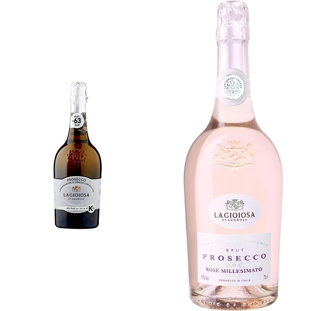 La Gioiosa Prosecco Spumante Brut DOC 63 Kcal Lower Sugar, 75cl, Pack of 1 & Prosecco Rose DOC Millesimato, 1 x 750ml, label may vary