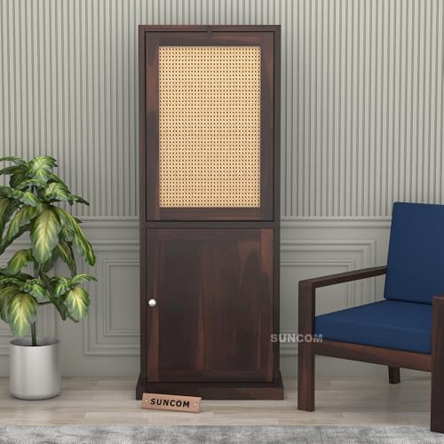 Image of SUNCOM Solid Sheesham Wood Foldable Study Table for Adults - Computer Table for Home - Office Table for Office Work from Home Table with Door Cabinet & Shelf Storage - Rosewood, Natural (Walnut, Cane)