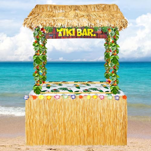Yudlto 50Pcs Tiki Bar Decor Hut Kit Hawaiian Party Decorations with Tiki Hut Banner Roof Palm Leaves Flower Garland & Table Skirt Luau Pool Beach Party Supplies