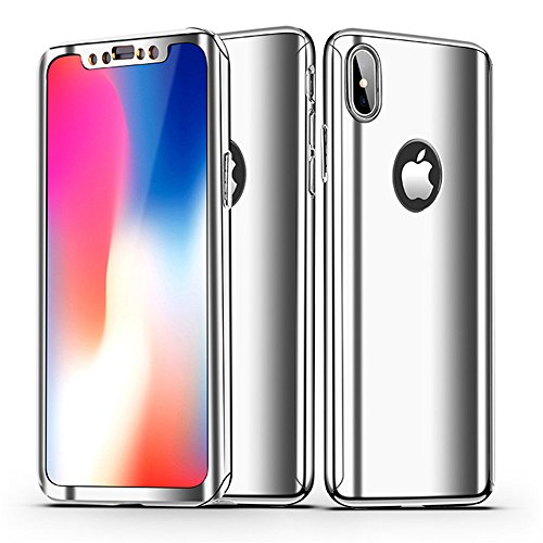 Leagway iPhone X Case Cover, Ultra Slim 360 Degree Full Body Protection 3 in 1 Anti-Scratch Plating Mirror Case Skin with Tempered Glass Screen + Hard PC Protector for Apple iPhone X / 10 (Silver)