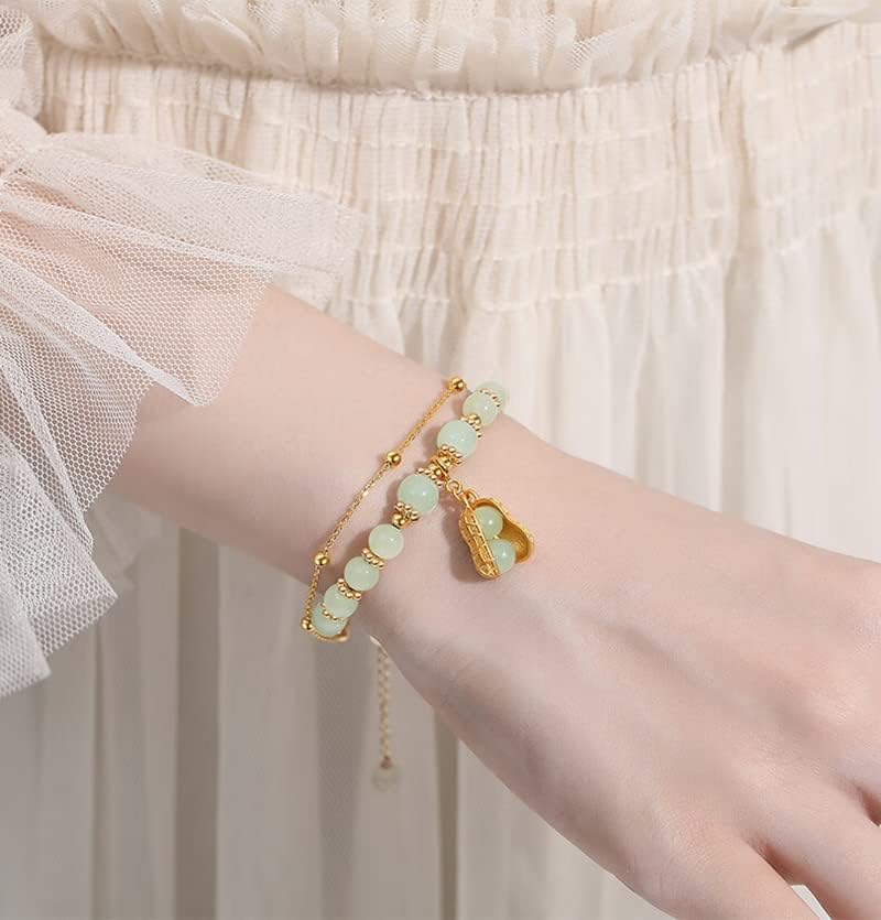 14K Gold Jade Bracelets with Bell,Stunning Moissanite Leaf Jade Bracelet for Women - Elegant Jewelry Gift for Mother, Wife - Image 3