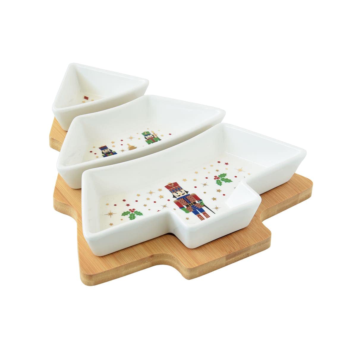 COFFRET APERITIF FORME SAPIN AV/3 COUP.EN PORC.SUR PLAT.BAMBOU