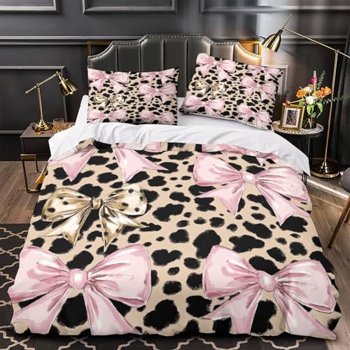 Parure de lit 3D nœuds roses et léopard microfibre 135x200