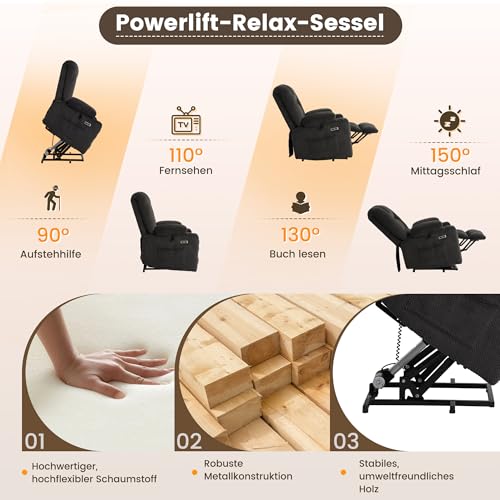 PALLOME Elektrischer Aufstehsessel für Senioren, Fernsehsessel Relaxsessel mit Massage & Wärme, Liegesessel mit Aufstehhilfe, Massagesessel Wohnzimmer (Grau) – Bild 7