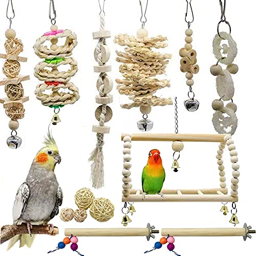 Allazone 14 Pz Juguetes para Pájaros, Escalera de Madera, Pájaros Juguetes con Campanas Que Cuelga la Perca Juguete para Pequeños y Medianos Loros de Aves