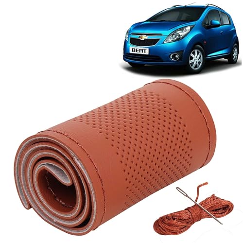 Image of KINGSWAY PU Leatherite Car Steering Cover Sewable Compatible with Chevrolet Beat (Year 2009-2017), Tan Color with Tan Thread, Pack of 1 with Sewing Needle and Thread