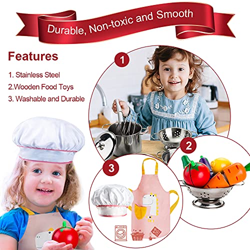 Sundaymot Küchenspielzeug Zubehör, Kinderküche Kochgeschirr Mit Edelstahl Töpfe Pfannenset, Schürze und Kochmütze, Gemüse Lebensmittel Spielzeug Rollenspiele Set für Mädchen Jungen – Bild 6