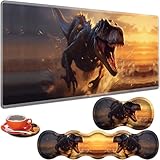 ZHUHEHEAH 大型ゲーミングテーブルパッド 31.5インチ x 11.8インチ + キーボードリストパッド + マウスリストパッド + コースター ノンスリップベース 4イン1セット、人間工学に基づいたメモリーフォーム、タイピングが簡単、痛みの緩和、恐竜