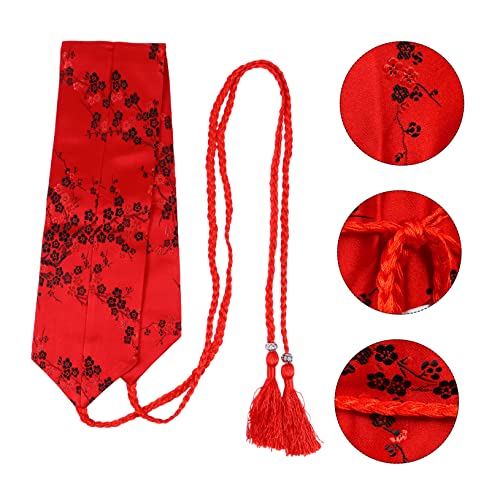 Ethnic Style Women Waist Belt Japanese Kimono Waistband with Embroidered Flower Pattern Braided Tassel Pendant Sash for Dress Shirt Yukata Red3