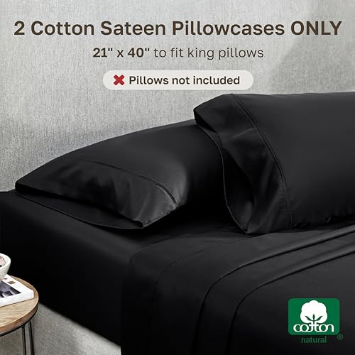 Image of California Design Den King Size Pillowcase Set - 400 Thread Count, 100% Cotton Sateen, Set of 2 Pillow Covers, Soft and Breathable - Black