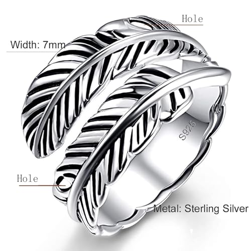 Sterling Silver Feather Ring with Black Onyx & Turquoise - Adjustable Stacking Vintage Statement Ring for Women & Men2