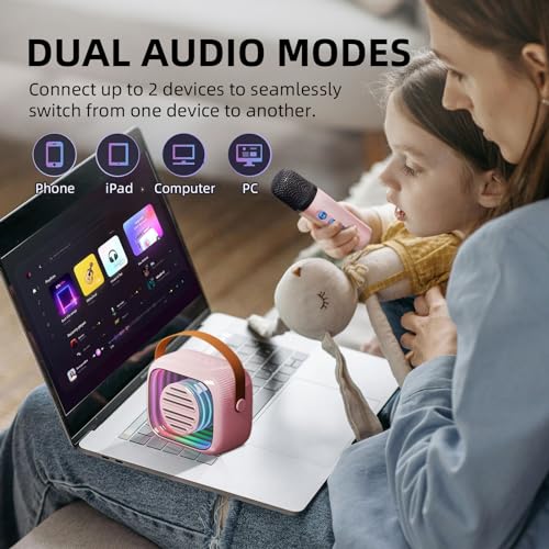YOFITS YF93 Mini Karaoke Machine for Kids, Portable Bluetooth Speaker with 2 Microphones 5 Voice Changing Effects Colorful Lights 2200mAh Rechargeable Battery for Christmas Birthdays Gifts (Black)