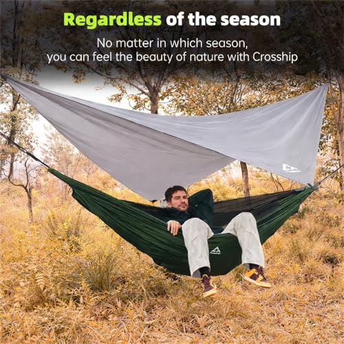 Image of Camping Hammock with Mosquito Net and RainFly Tarp - 2 Person Hammock, Portable Parachute Nylon Hammock for Outdoor, Hiking, Backpacking, Backyard, Travel (Up to 500lbs) - Forest Green