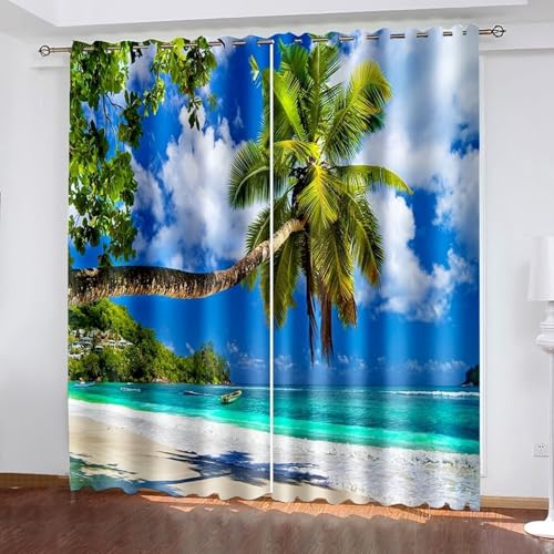 Aotiwe Cortinas occidentales para sala de estar, cortinas de cocina, azul y verde, playa, palmera, paisaje, poliéster, 2 paneles, 203 x 213 cm