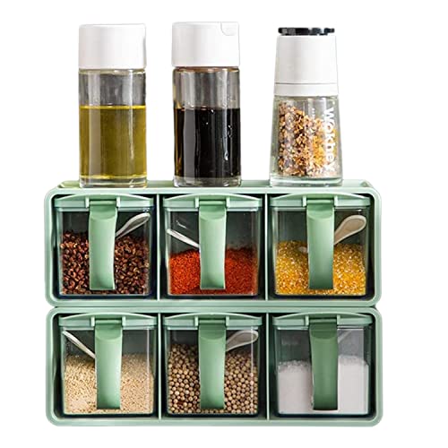 Image of 3pcs Storage Spices Jar Plastic 3 in 1 Spice Jar with Rack Box Serving Set with Cover and Spoon, seasoning Storage Spice Rack Set with Removable Jars for Salt Sugar Spices (randomly color)