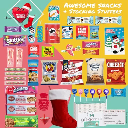 Image of Gift A Snack - Christmas Stocking Stuffed, Pre-filled Holiday Snack Box Care Package + Greeting Card (40 Count) Sweet Treats Gift Basket, Candies Chips Office Food Assortments