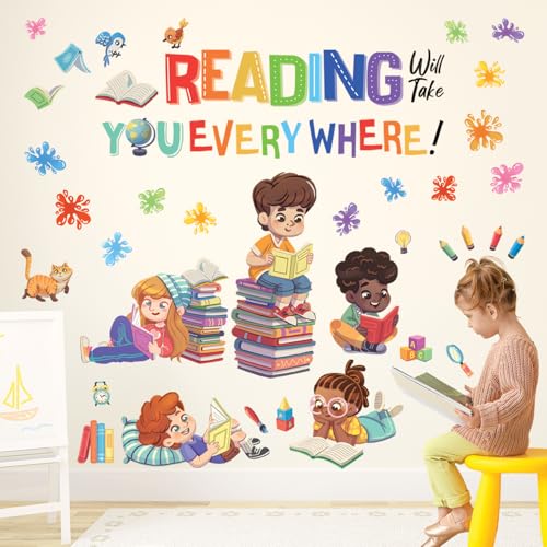 DECOWALL SG2-2404 Adesivi murali angolo lettura bambini sala Decorazione ABC Aula Sala giochi Biblioteca Asilo Nido Stacca attacca Rimovibile Bambini Ragazzi Ragazze Decorazioni Scuola Ispirazione