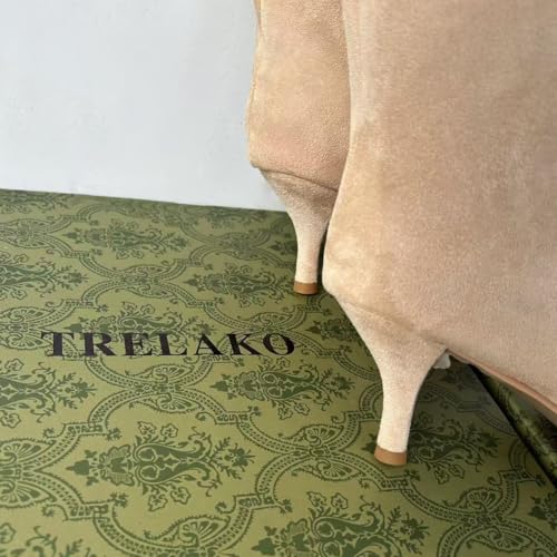 Women's Knee High Boots Nude Suede Wide Calf Stiletto Long Booties Square Toe Pull On High Heel Riding Boots for Women Ladies Fahion Dress Tall Boots4