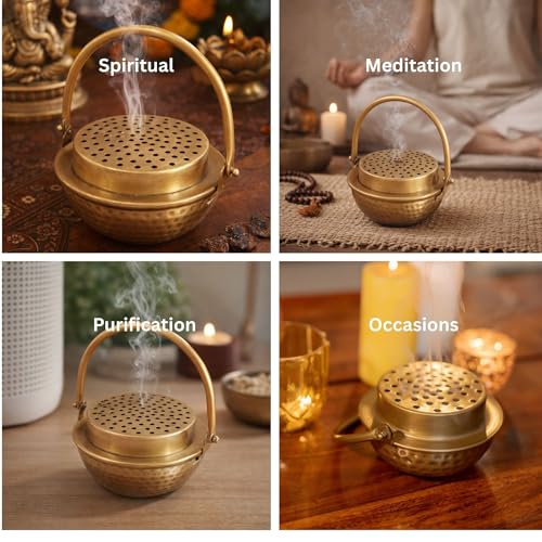 Image of Manor House Pure Iron Dhoop Dani with Handle | Traditional Sambrani Loban Incense Burner | Smoke Vent Lid Dhoop Holder for Pooja, Meditation, Home Temple, Yoga & Spiritual Use