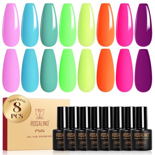 ROSALIND Esmaltes Semipermanentes, 8 Colores Rosa Azul Verde Amarillo Naranja Morado Colores Pintauñas Semipermanentes, UV LED Mini Esmaltes en Gel Manicure Regalo Primavera Verano