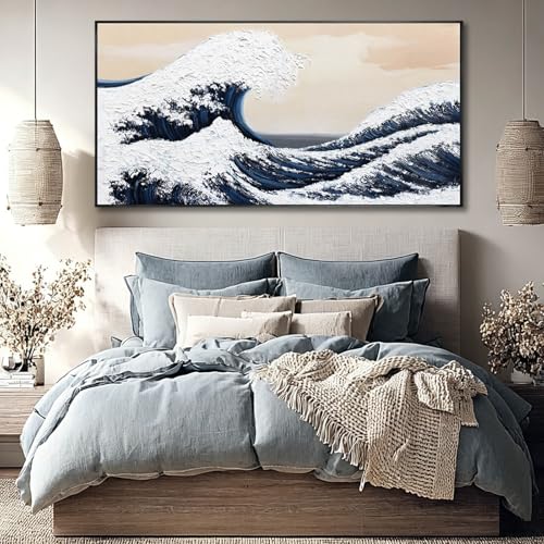 Image of VAYIMDH Blue Waves White Textured Wall Art Large Ocean Beach Wall Decor Pictures Vintage Poster Abstract Giant Waves Canvas Prints for Minimalist Living Room 24 inchx48 inch
