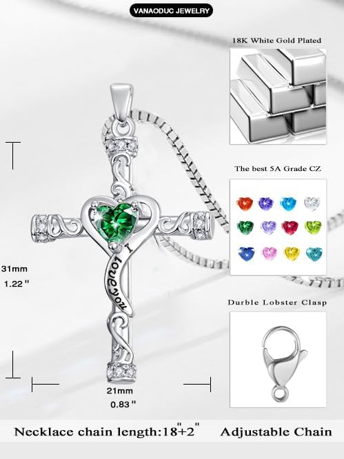 Birthstone Cross Necklace for Women, Heart Cross 14K Gold /18K White Gold /Rose Gold Womens Pendant Necklace I Love You Jewelry Anniversary Birthday Christmas Gifts for Her Mom Wife Girlfriend - Image 5
