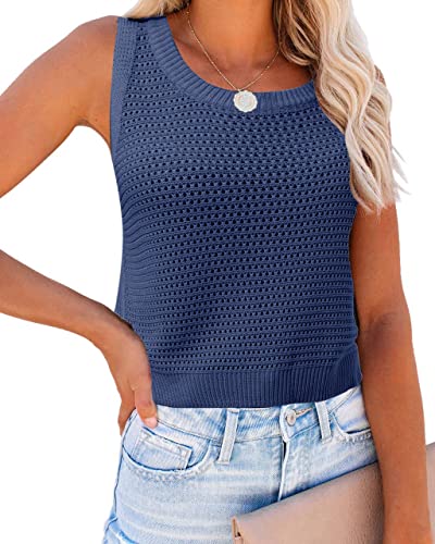 Image of FISACE Womens Crochet Tank Top Sleeveless Knit Summer Sweater | Round Neck, Hollow Out, Lightweight , Casual Crop,Cute Boho Vest