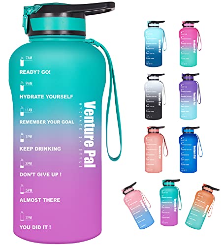 Venture Pal Large Half Gallon/64oz Motivational Water Bottle with Time Marker & Straw, Leakproof BPA Free Water Jug to Remind You Drink More Water, Hydrate in Style-Green/Purple Gradient