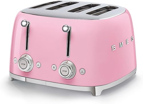Smeg Tostadora estética retro de 4 rebanadas de estilo 50, 6 ranuras extra anchas, color rosa TSF03PKUS
