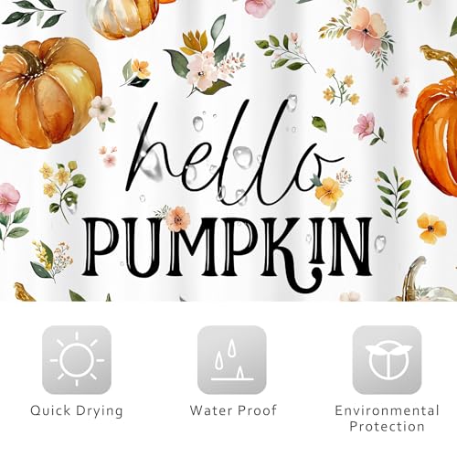 Image of Riyidecor Hello Pumpkin Floral Autumn Shower Curtain 60Wx72H Inch Cute Watercolor Flowers Fall Harvest Farmhouse Boho Plant Leaves Botanical Bathroom Decor Fabric Polyester Waterproof 12 Pack Hooks