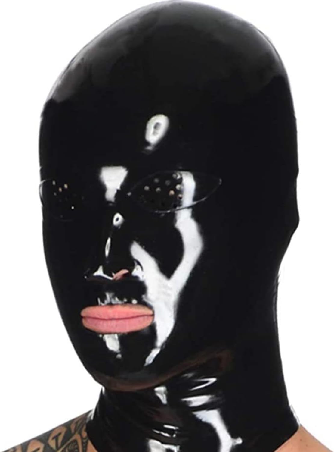 Latex Head Cover Black Latex Mask Latex Face Hood Rubber Head Mask Exposed Mouth for Cosplay BDSM Club Wear