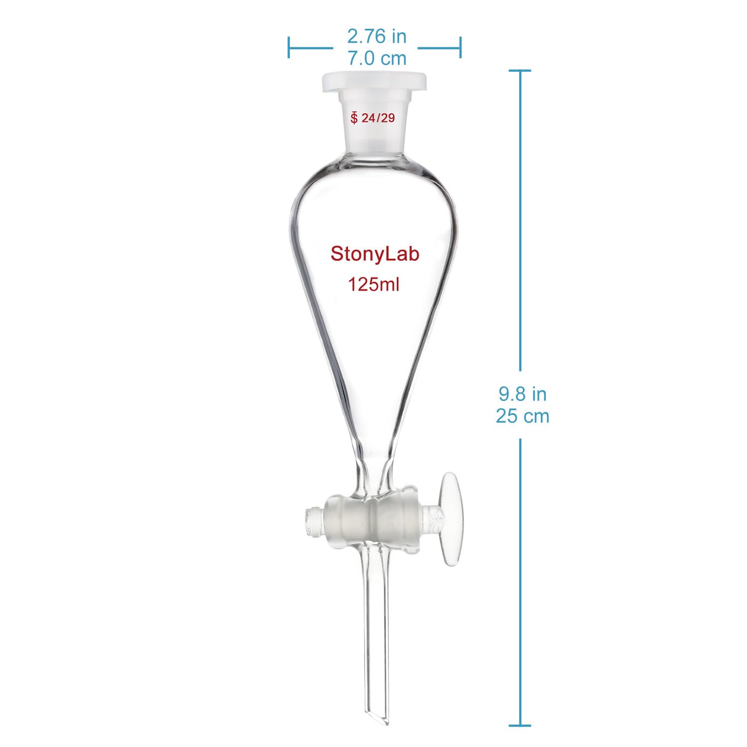 stonylab Embudo de Separación con Llave de Paso de Vidrio, Embudo de Borosilicato con Junta 24/29 para Separación Precisa de Líquidos en Laboratorio, 125 ml