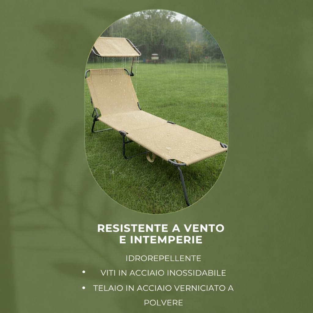 Lettino Prendisole Pieghevole con Parasole Regolabile, Brandina da Giardino e Spiaggia in Textilene Traspirante e Acciaio Verniciato, 4 Posizioni, Salvaspazio con Maniglia (1, Beige)