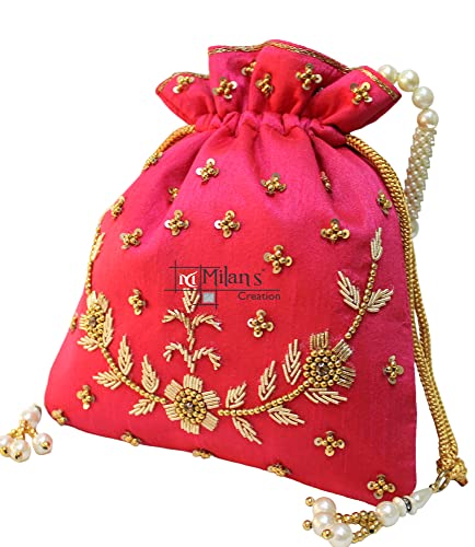 MILAN'S CREATION : Pearl & Zardosi Potli Bag Hand Embroidery Drawstring Potli Women's Handbag Purse With Pearl Handle & Tassel Purse - Image 3