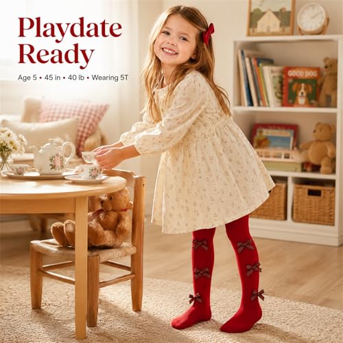 Image of VIKITA Girls Ribbed Tights with Bow - Soft Daily Knitted Leggings